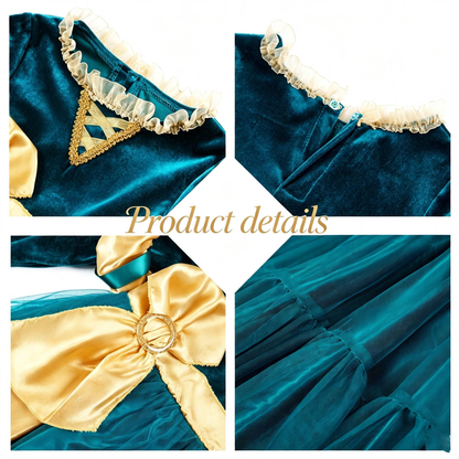 Girls Merida Princess Costume, Teal Velvet Tulle Party Dress, Kids Halloween Cosplay Outfit, Birthday Fancy Gown For Little Girls
