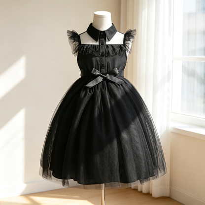 Girls Wednesday Inspired Costume, Kids Gothic Sleeveless Lapel Tutu Dress, Halloween Cosplay Party Outfit for Little Girls
