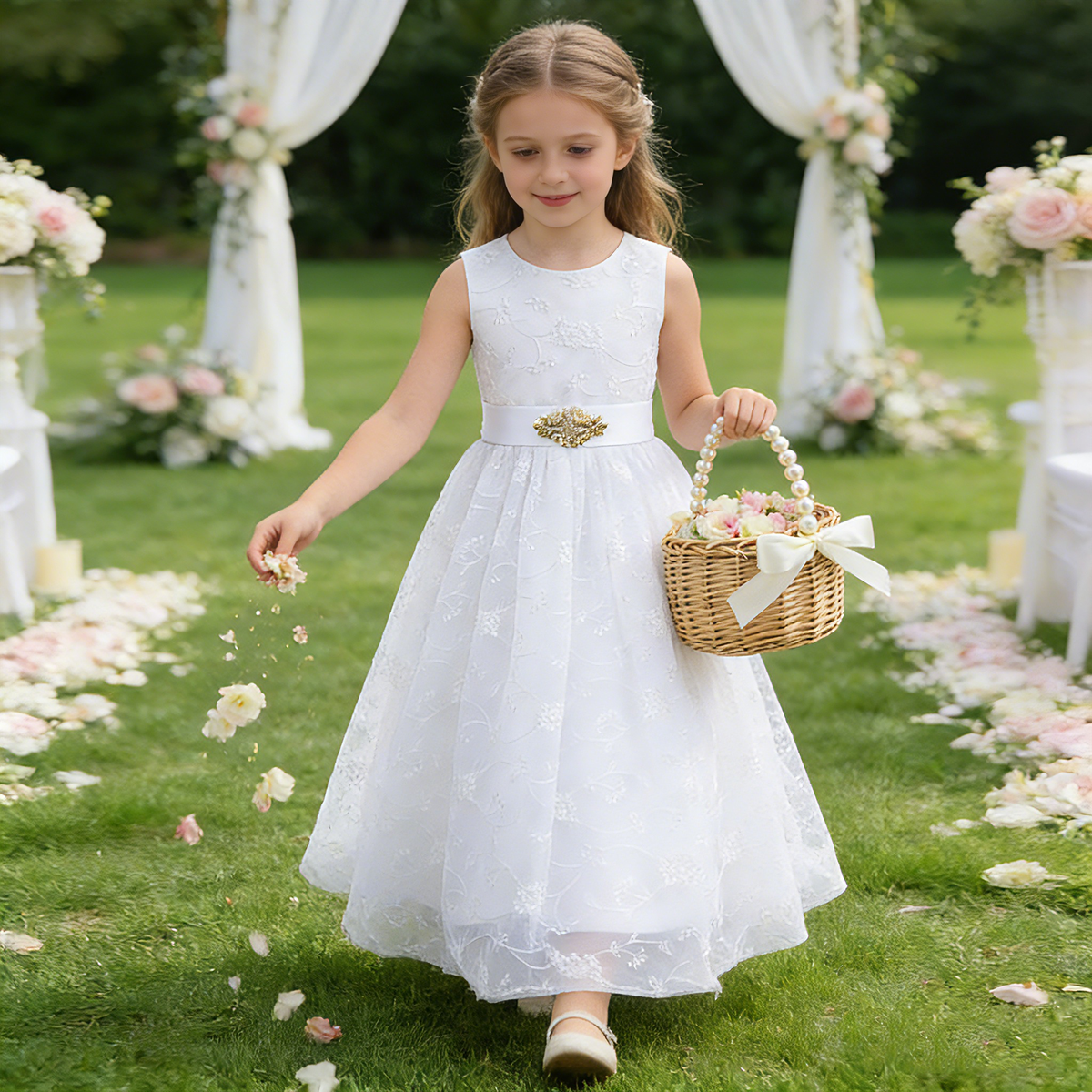 Wicker Rattan Flower Girl Baskets | Pearl Handle Flower Basket | Rustic Wedding Basket for Flower Girls,Picnic, Easter Basket and Parties