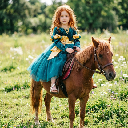 Girls Merida Princess Costume, Teal Velvet Tulle Party Dress, Kids Halloween Cosplay Outfit, Birthday Fancy Gown For Little Girls