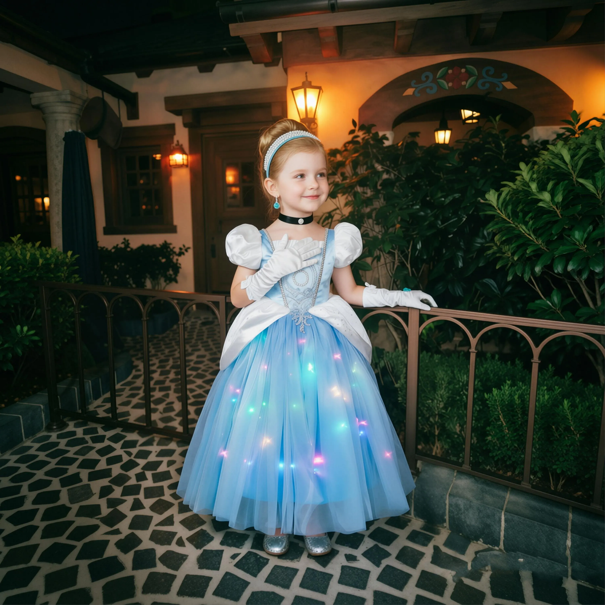 Light Up Cinderella Inspired Dress for Girls,Blue Tulle Puff Sleeve Gown, Birthday Party Dress, Halloween Cosplay Outfit for Toddler Kids