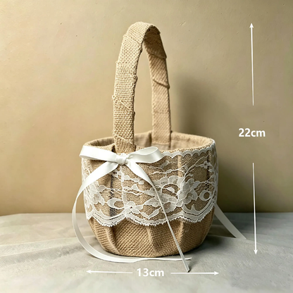 Burlap Lace Flower Girl Basket and Ring Bearer Pillow Set, Rustic Boho Wedding Accessories