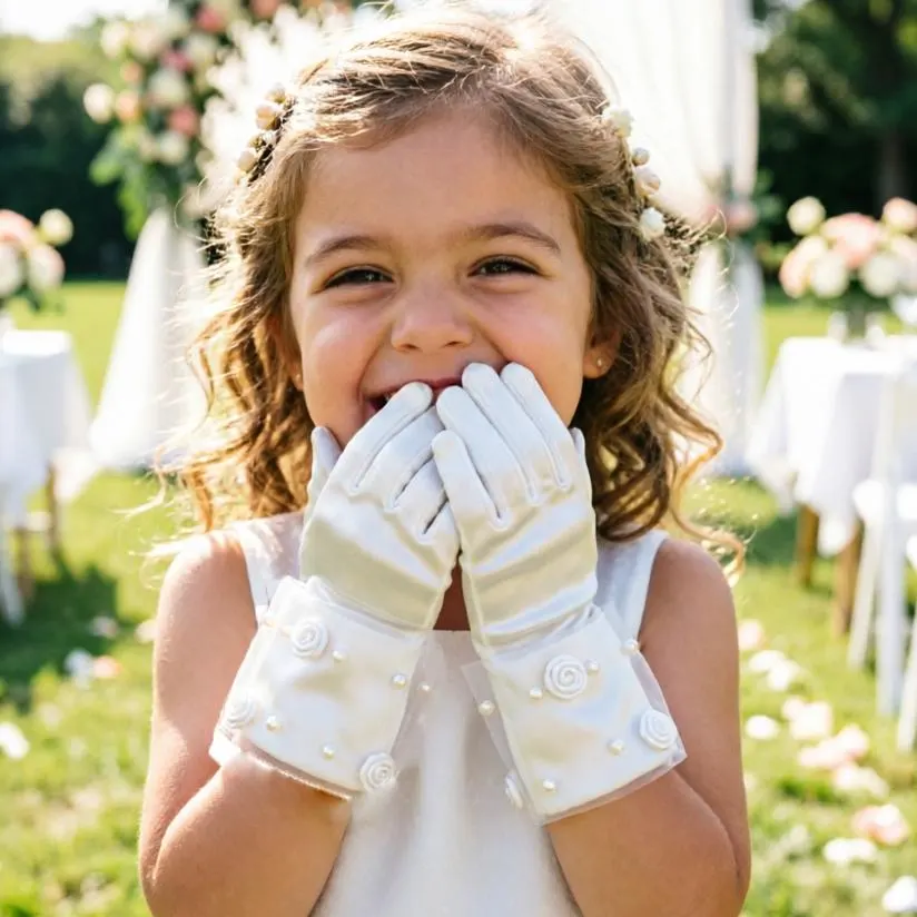 First Communion Gloves, Baptism, Wedding, Special Event Ivory Satin Flower Girl Gloves with Tulle & Pearl Details