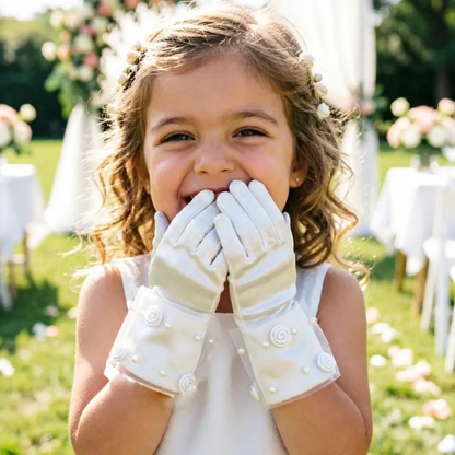 First Communion Gloves, Baptism, Wedding, Special Event Ivory Satin Flower Girl Gloves with Tulle & Pearl Details