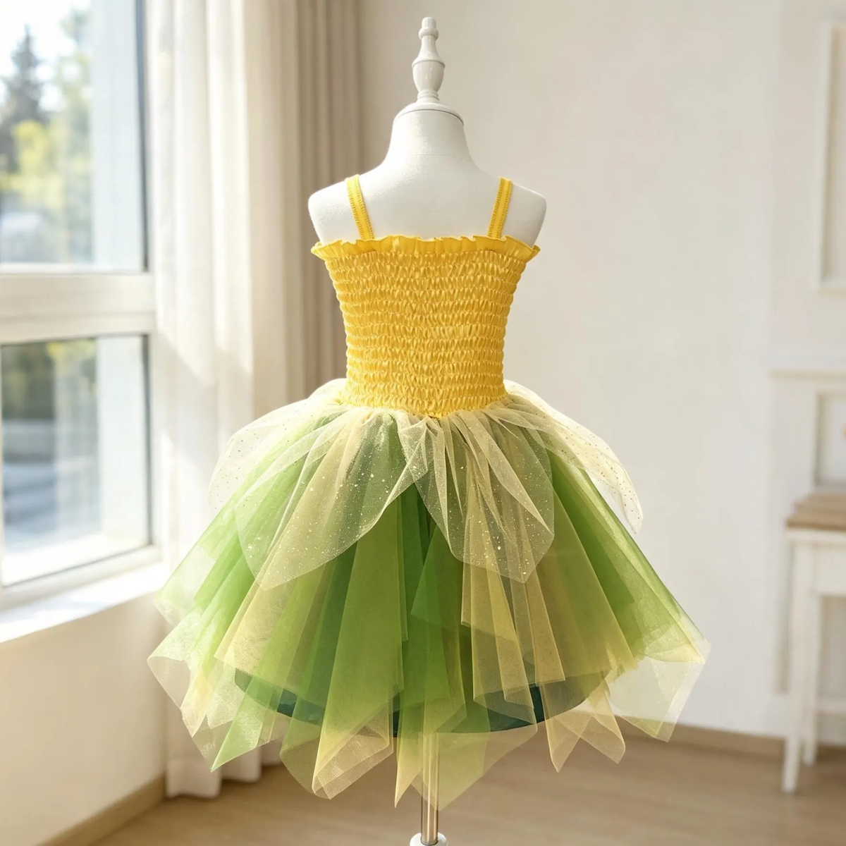 Fairy Tinkerbell Tutu Dress for Girls, Green Yellow Princess Costume, Birthday Party Dress, Halloween Cosplay Outfit, Photo Prop Dress