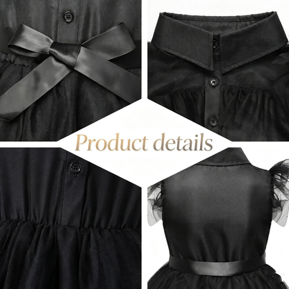 Girls Wednesday Inspired Costume, Kids Gothic Sleeveless Lapel Tutu Dress, Halloween Cosplay Party Outfit for Little Girls