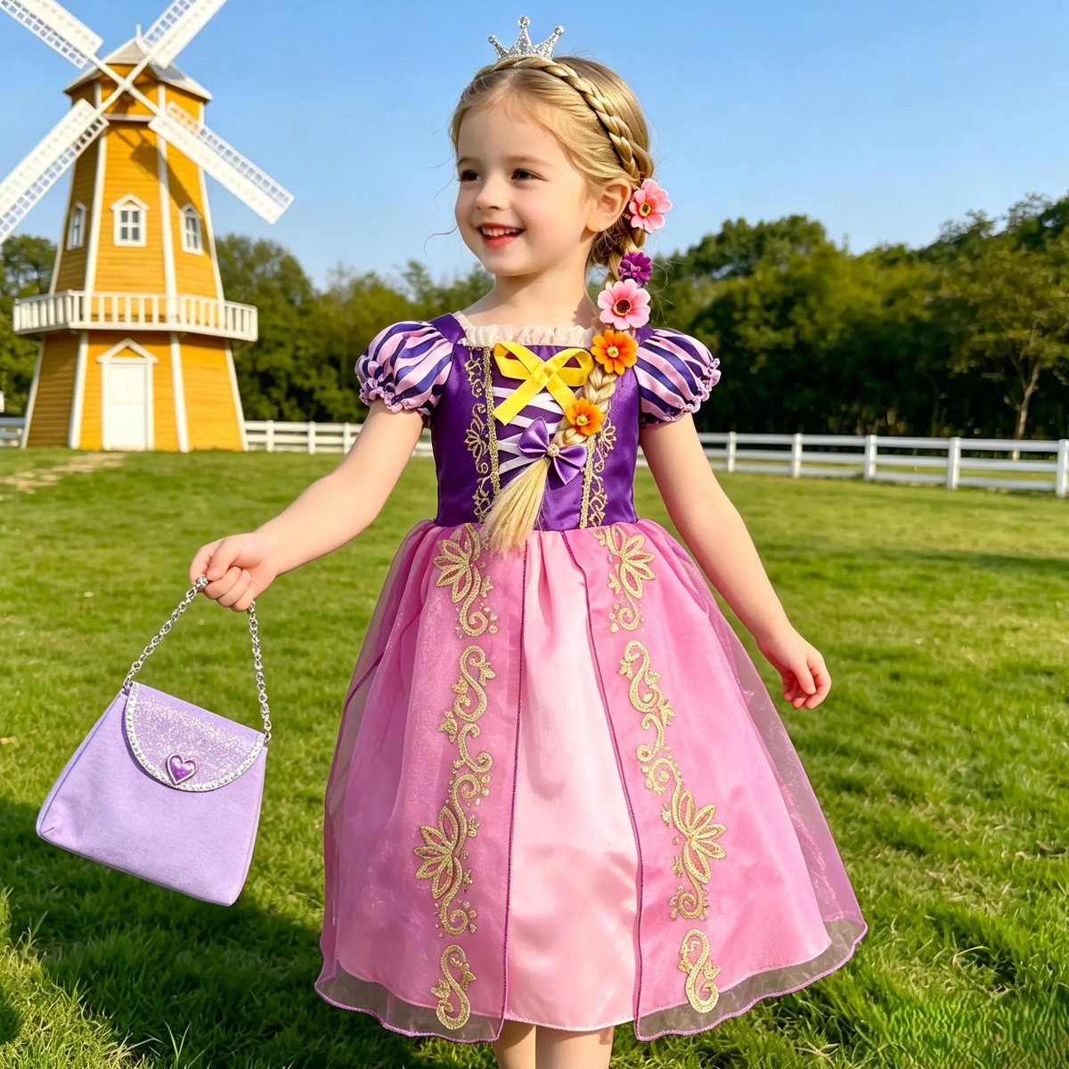 Girl Rapunzel Cosplay Tangled Dress, Girls Princess Birthday Party Gown, Kids Fairy Tale Partywear,Princess party gown