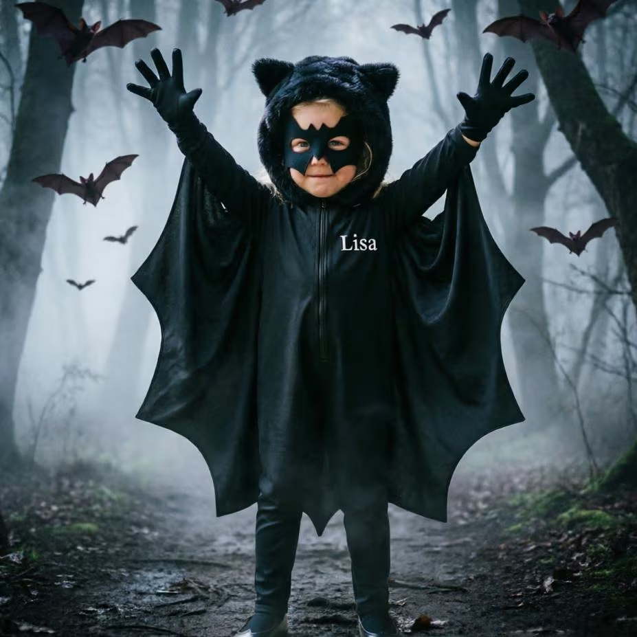 Personalized Kids Bat Halloween Costume | Custom Name Bat Jumpsuit with Fur Hood & Wings, Toddler Halloween Outfit, Trick or Treat Costume