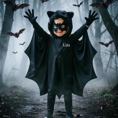 Personalized Kids Bat Halloween Costume | Custom Name Bat Jumpsuit with Fur Hood & Wings, Toddler Halloween Outfit, Trick or Treat Costume