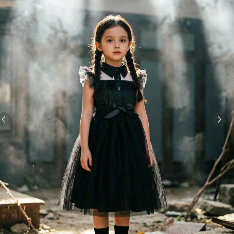 Girls Wednesday Inspired Costume, Kids Gothic Sleeveless Lapel Tutu Dress, Halloween Cosplay Party Outfit for Little Girls
