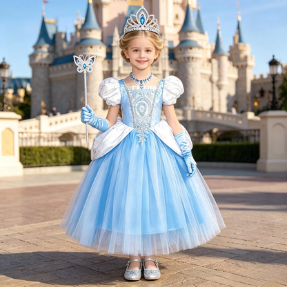 Girls Princess Cinderella Inspired Dress , Kids Cosplay Tulle Gown, Halloween Birthday Costume With Accessories