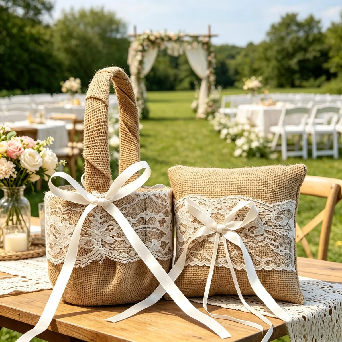 Burlap Lace Flower Girl Basket and Ring Bearer Pillow Set, Rustic Boho Wedding Accessories