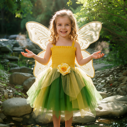 Fairy Tinkerbell Tutu Dress for Girls, Green Yellow Princess Costume, Birthday Party Dress, Halloween Cosplay Outfit, Photo Prop Dress
