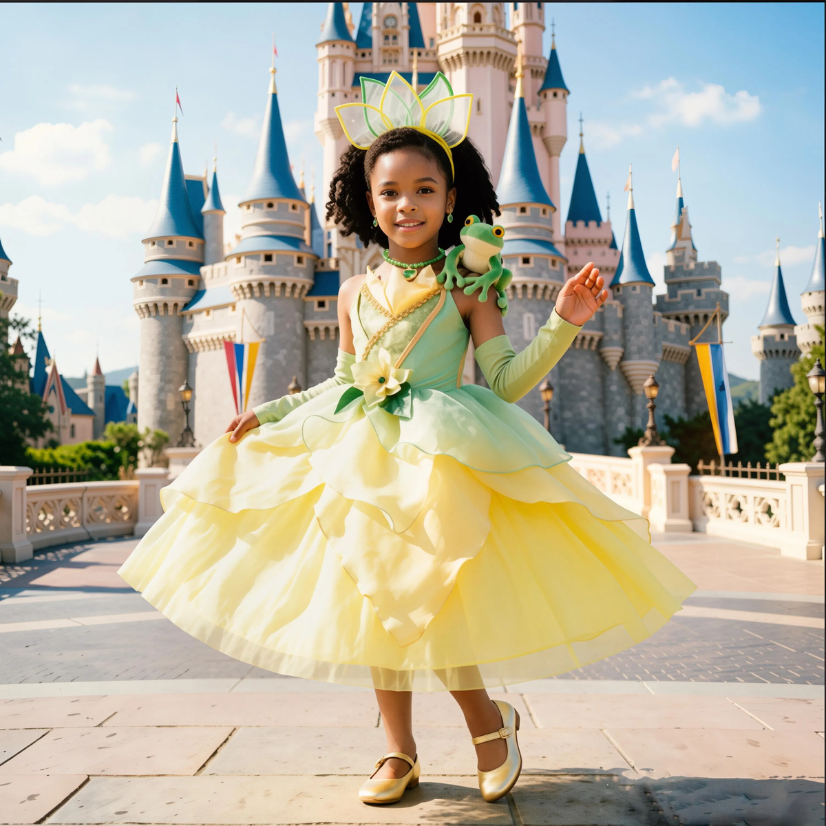 Princess Tiana Inspired Tulle Dress,Princess And Frog,Green Layered Party Dress with Accessory,Kids Fairy Tale Halloween Outfit