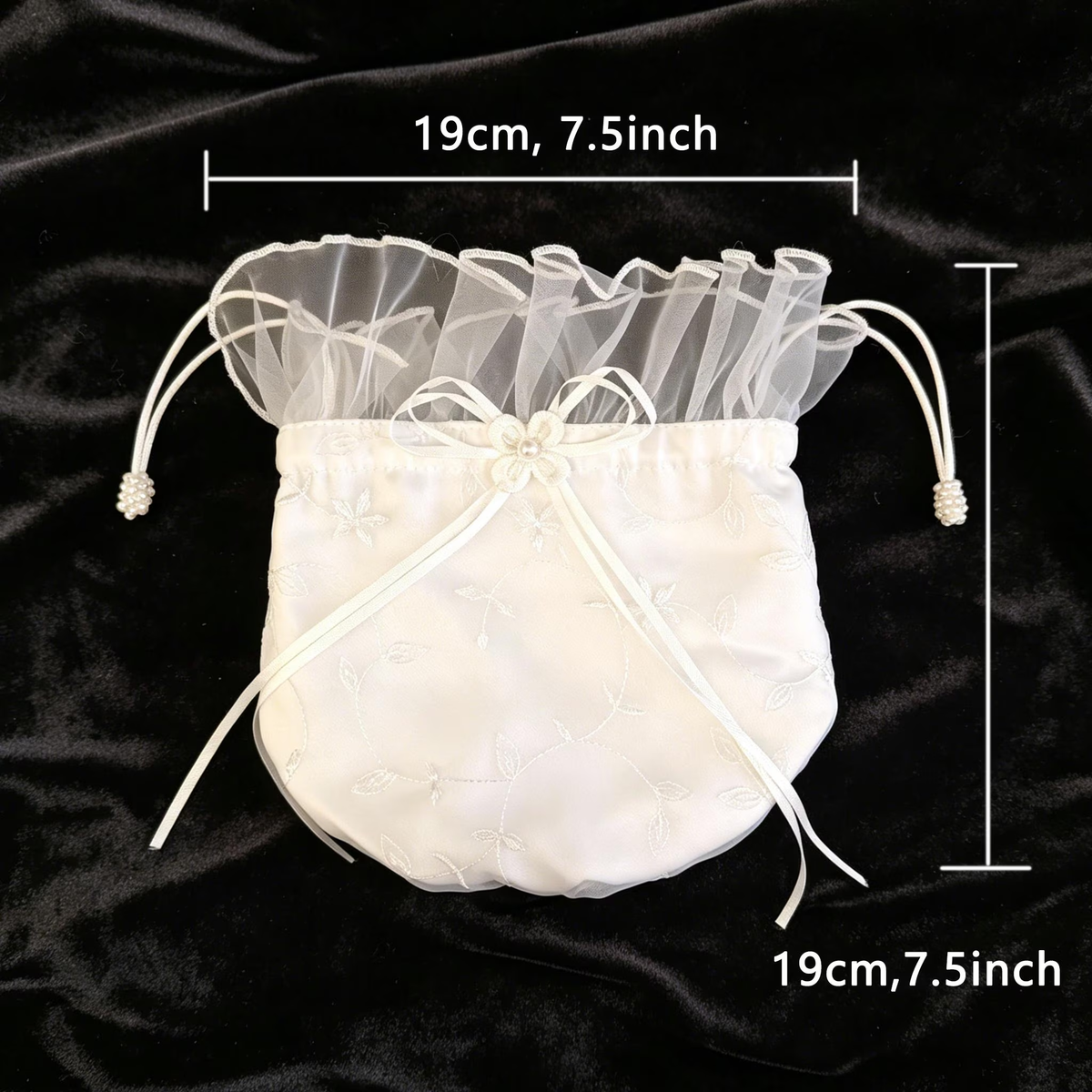 Embroidered Satin Bud Drawstring Pouch, Ruffled Tulle Bridal Favor Bag, Wedding Candy Gift Bag