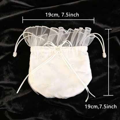 Embroidered Satin Bud Drawstring Pouch, Ruffled Tulle Bridal Favor Bag, Wedding Candy Gift Bag