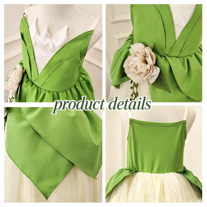 Girls Tiana Princess Costume Dress, Princess and Frog,Green Leaf Tulle Gown, Birthday Outfit &Halloween Cosplay