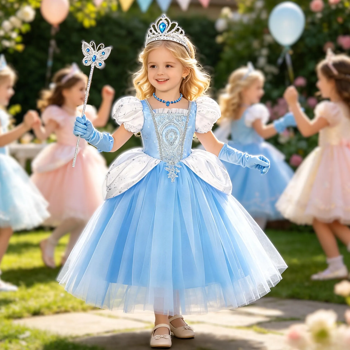 Girls Princess Cinderella Inspired Dress , Kids Cosplay Tulle Gown, Halloween Birthday Costume With Accessories