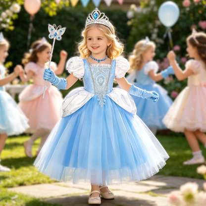 Girls Princess Cinderella Inspired Dress , Kids Cosplay Tulle Gown, Halloween Birthday Costume With Accessories