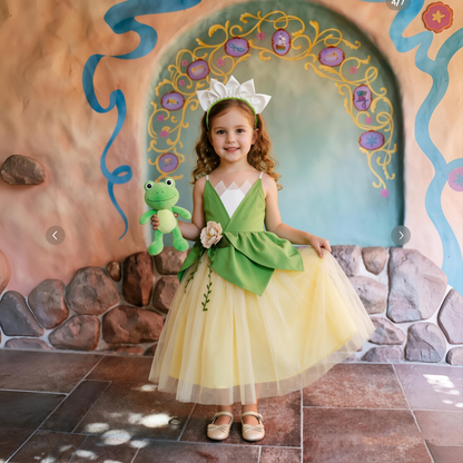 Girls Tiana Princess Costume Dress, Princess and Frog,Green Leaf Tulle Gown, Birthday Outfit &Halloween Cosplay