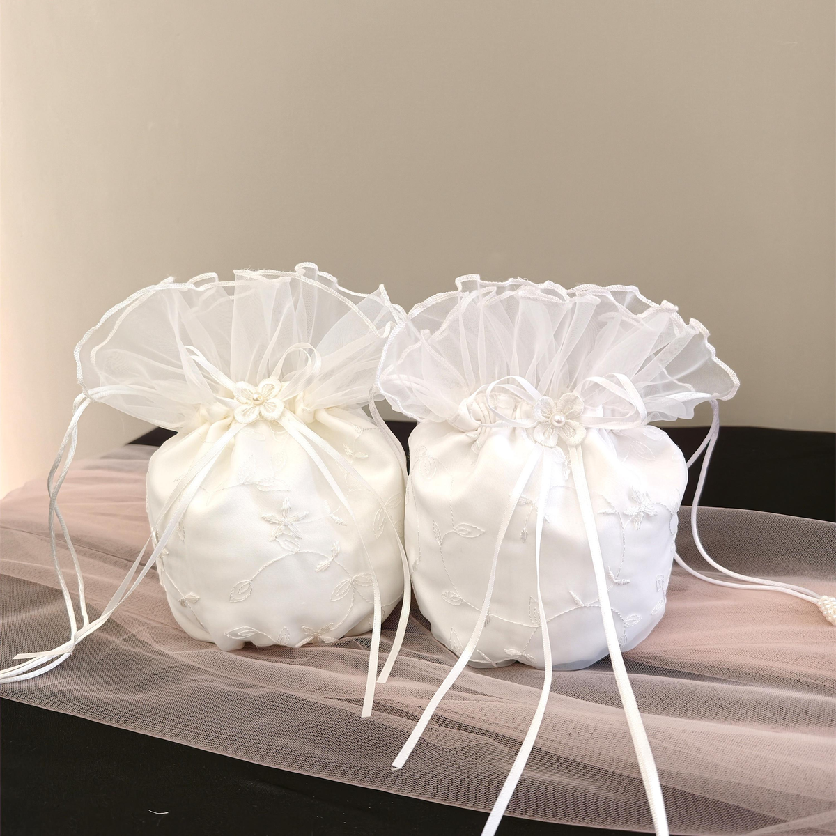 Embroidered Satin Bud Drawstring Pouch, Ruffled Tulle Bridal Favor Bag, Wedding Candy Gift Bag