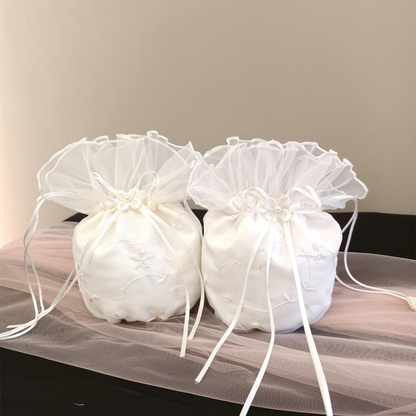 Embroidered Satin Bud Drawstring Pouch, Ruffled Tulle Bridal Favor Bag, Wedding Candy Gift Bag