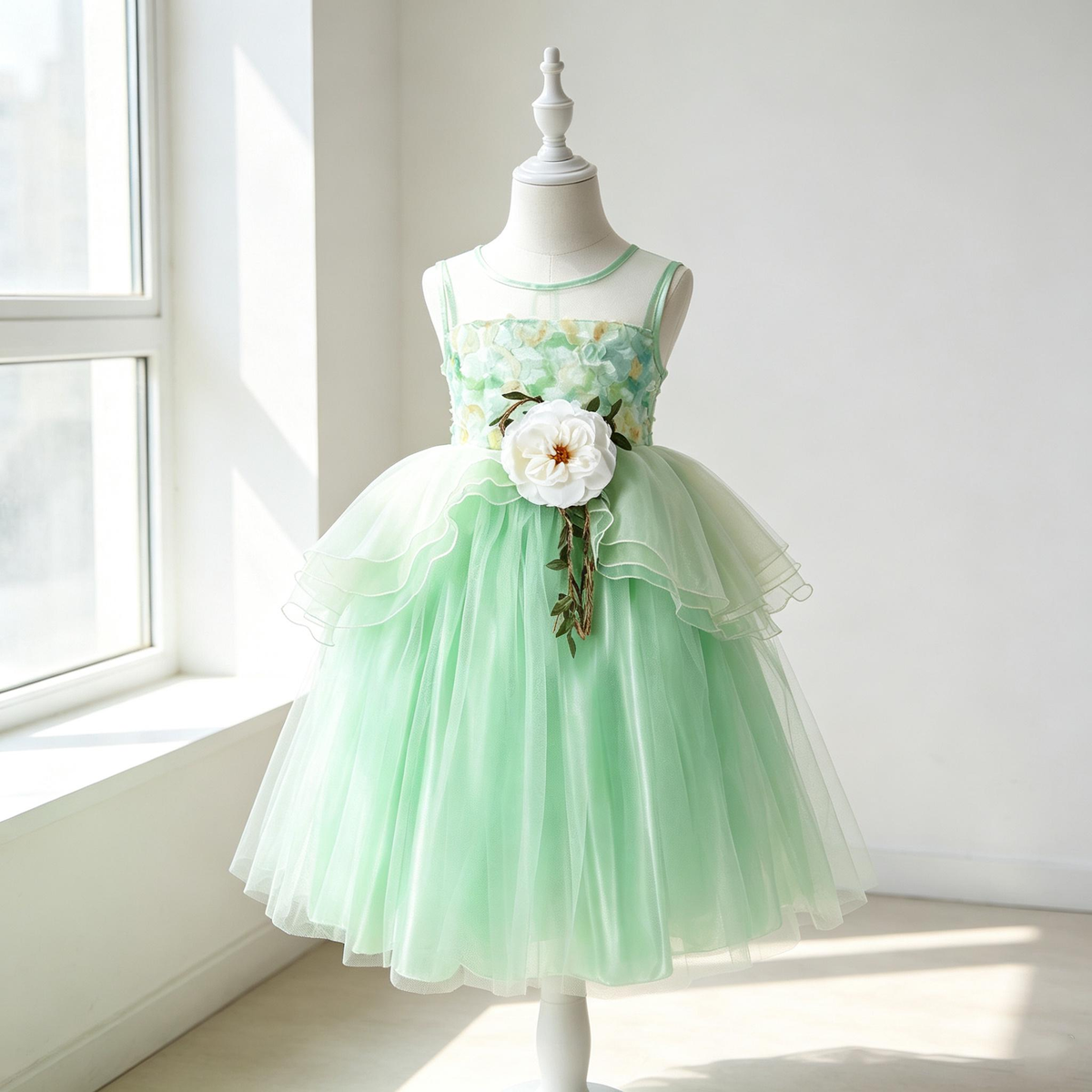 Green Floral Girls Tulle Dress, Tiana Fairy Princess Costume, Sleeveless Flower Girl Dress , Birthday Party Photoshoot Dress for Kids