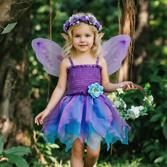 Girls Purple Blue Fairy Costume Set, Summer Girl fairy Dress,2 Piece Tutu Outfit,Kids Halloween Cosplay, Birthday Party Dress Up