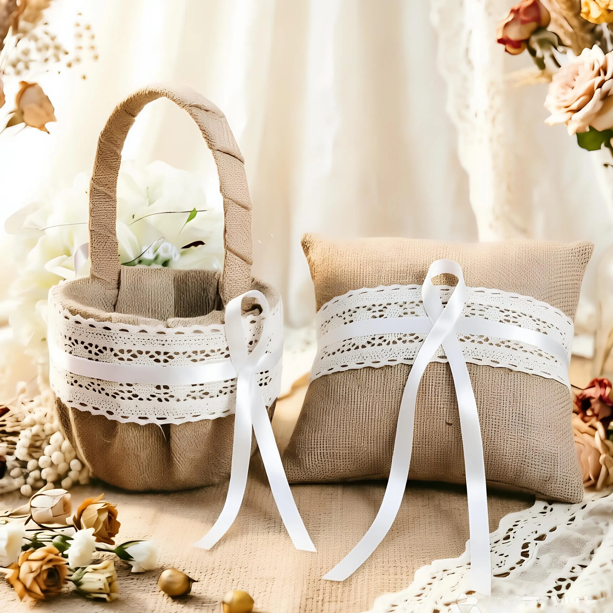 Boho Ring Pillow & Flower Girl Basket Set,Boho Ring Pillow ,Lace flower basket,Wedding Petal Basket