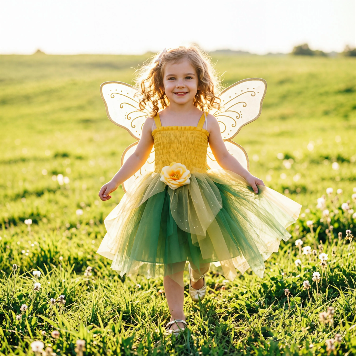 Fairy Tinkerbell Tutu Dress for Girls, Green Yellow Princess Costume, Birthday Party Dress, Halloween Cosplay Outfit, Photo Prop Dress