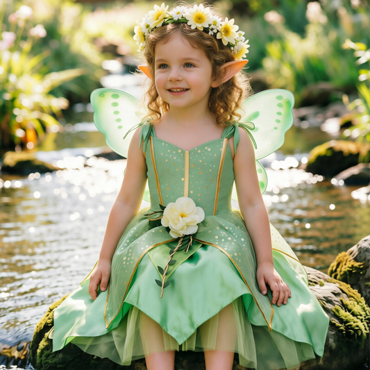 Girls Green Fairy Princess Dress,Girl Tinkerbell Dress,Kids Halloween Party Outfit, Flower Fairy Tutu Dress for Cosplay Birthday