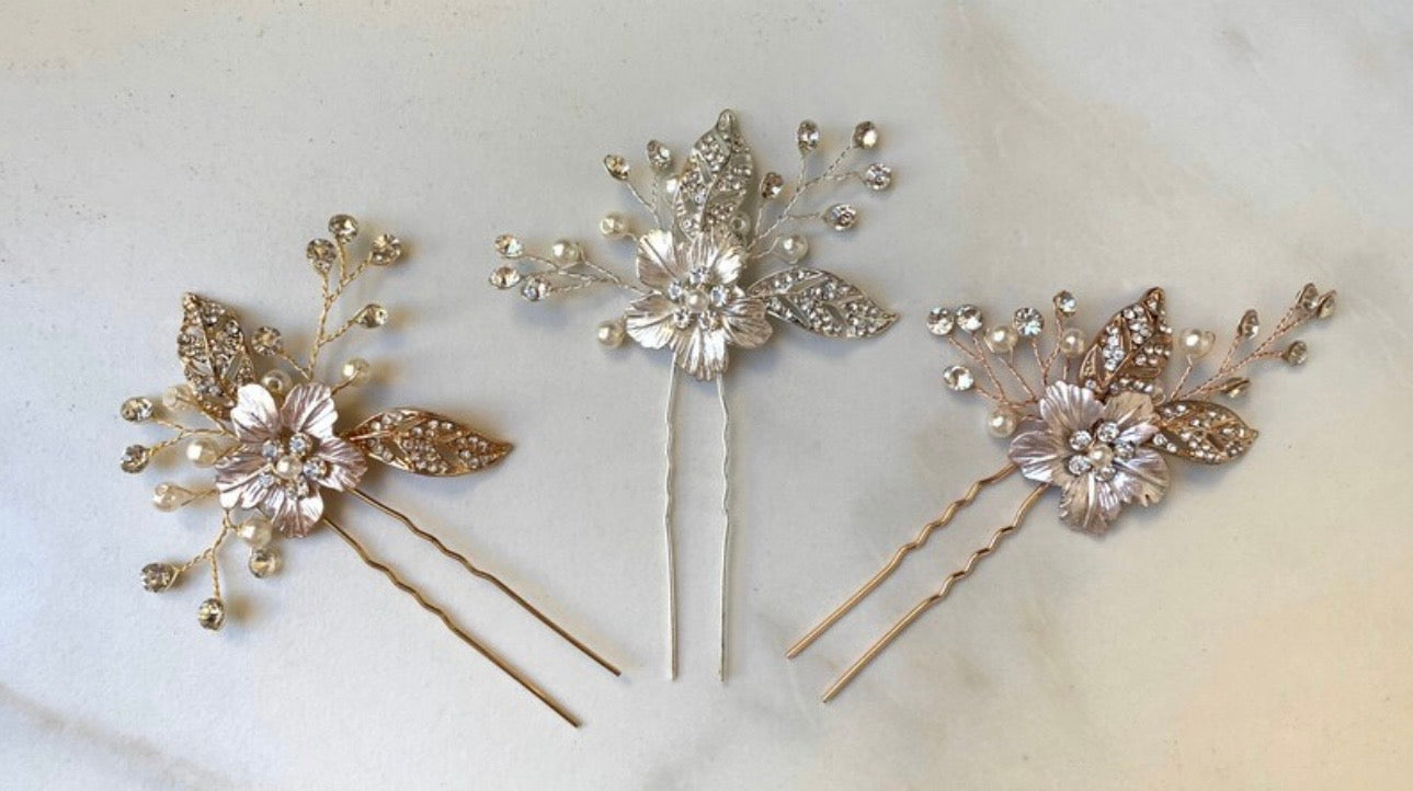 Flower Crystal Hairpin With Leave for Wedding Bride
