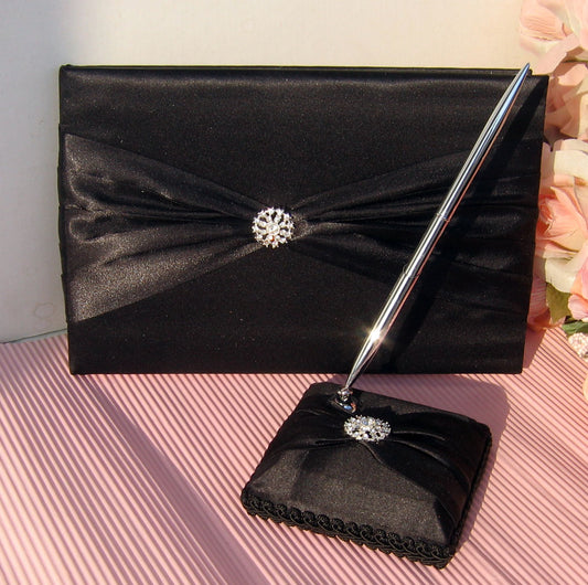 Black Satin Wedding Guest Book with Pen holder Guest Signature Book