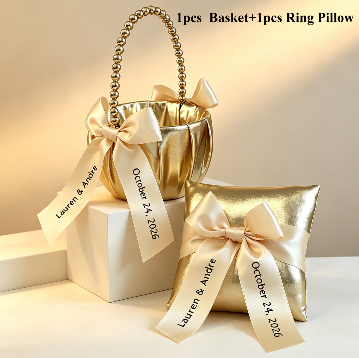 Custom Wedding Baskets,Pearl Handle Flower Girl Basket,Ring Bearer Pillow, Ring Holder,Personalised Ribbon,Name on Ribbon, Wine Glass Ribbon