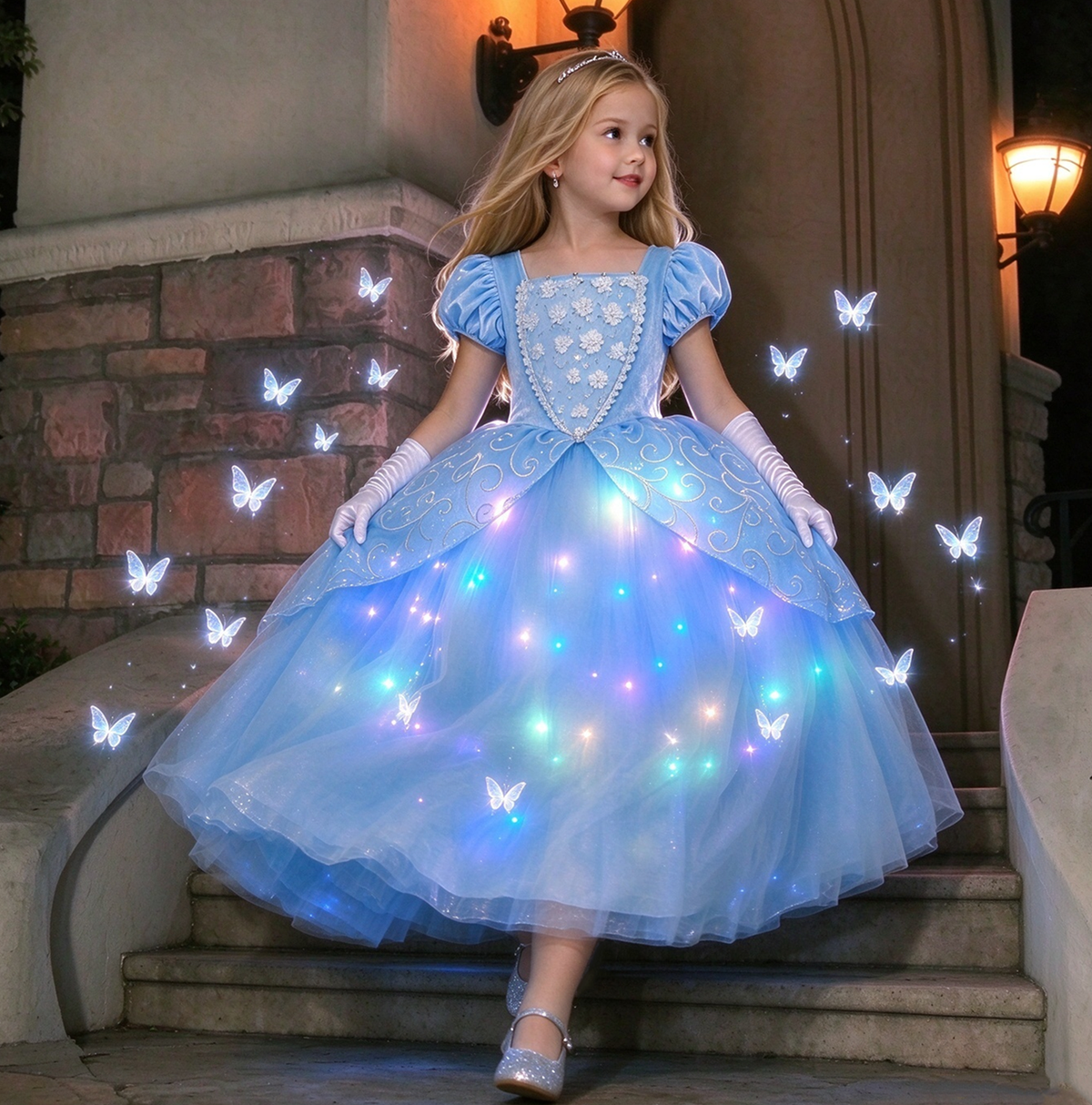 Light Up Blue Princess Gown,Cinderella Inspired Princess Dress,Cinderella Costume with LED ,Girls Birthday Party Costume,Tulle princess dress
