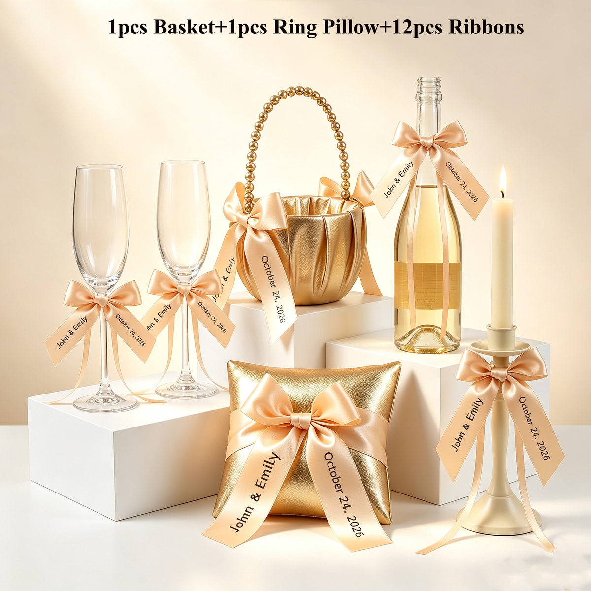 Custom Wedding Baskets,Pearl Handle Flower Girl Basket,Ring Bearer Pillow, Ring Holder,Personalised Ribbon,Name on Ribbon, Wine Glass Ribbon