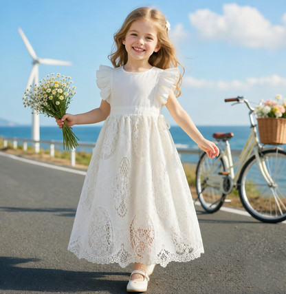 Country Flower Girl Dresses, Ivory Flower Girl, Communion Dress,Christening Dress,Lace Girl Dress, Bohemian Flower Girl,First Holy Communion