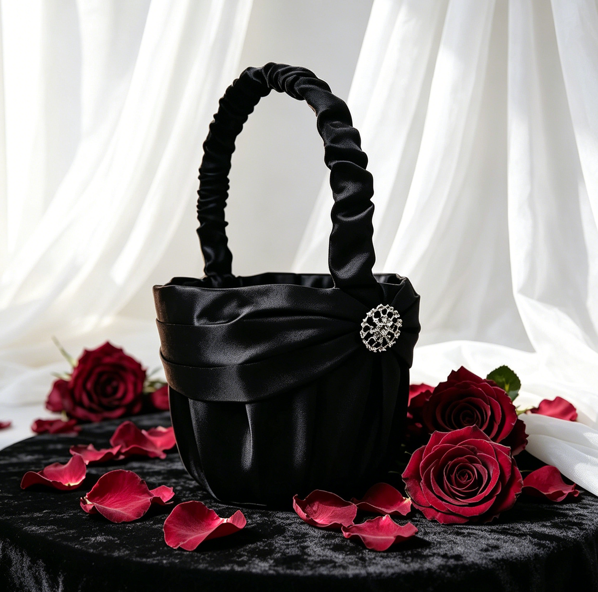 Black Wedding Baskets | Black Ring Pillow| Pillow Basket  Set | Black Ring Bearer Pillow | Black Flower Girl Basket |Black Satin Ring Pillow