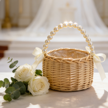 Wicker Rattan Flower Girl Baskets | Pearl Handle Flower Basket | Rustic Wedding Basket for Flower Girls,Picnic, Easter Basket and Parties