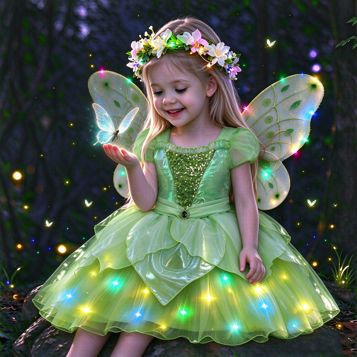 Light up Girls Tinkerbell Costume,LED Tinkerbell Dresses,Green Fairy Dress,Kids Fairy Tale Costume,Tinkerbell Wings, Girls TuTu Dress,Girls Party Costume