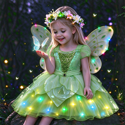 Light up Girls Tinkerbell Costume,LED Tinkerbell Dresses,Green Fairy Dress,Kids Fairy Tale Costume,Tinkerbell Wings, Girls TuTu Dress,Girls Party Costume