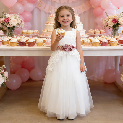 Custom Flower Girl Dresses| White Lace Tulle Flower Girl Dress| Wedding Girl Dress with Sash| 1st Communion Dresses| Birthday Party Dresses