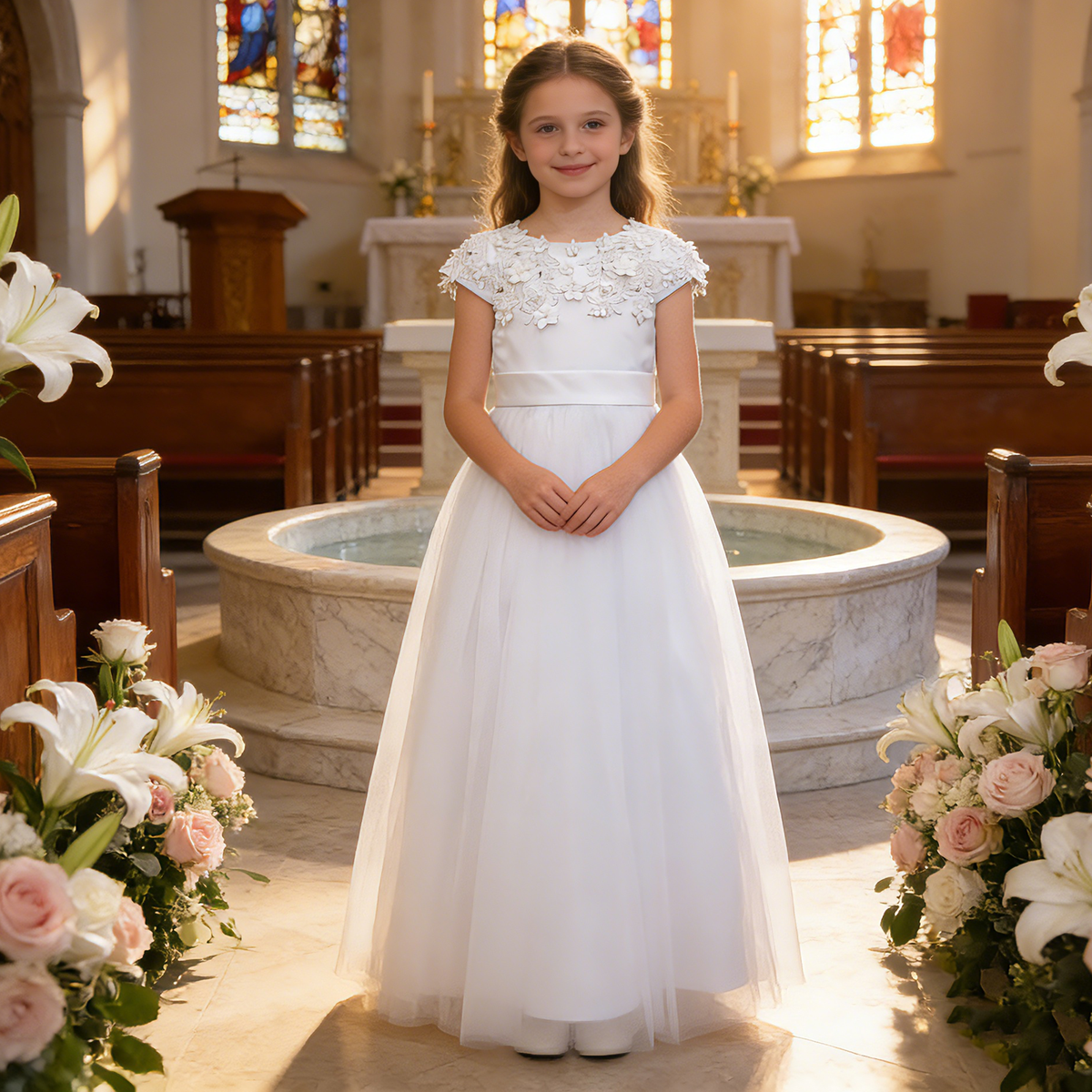 Personalized White 1st Communion Dresses for Girls |Holy Communion Dress|Baptism Gown | Tulle Flower Girl Dresses  |Junior Bridesmaid Dress