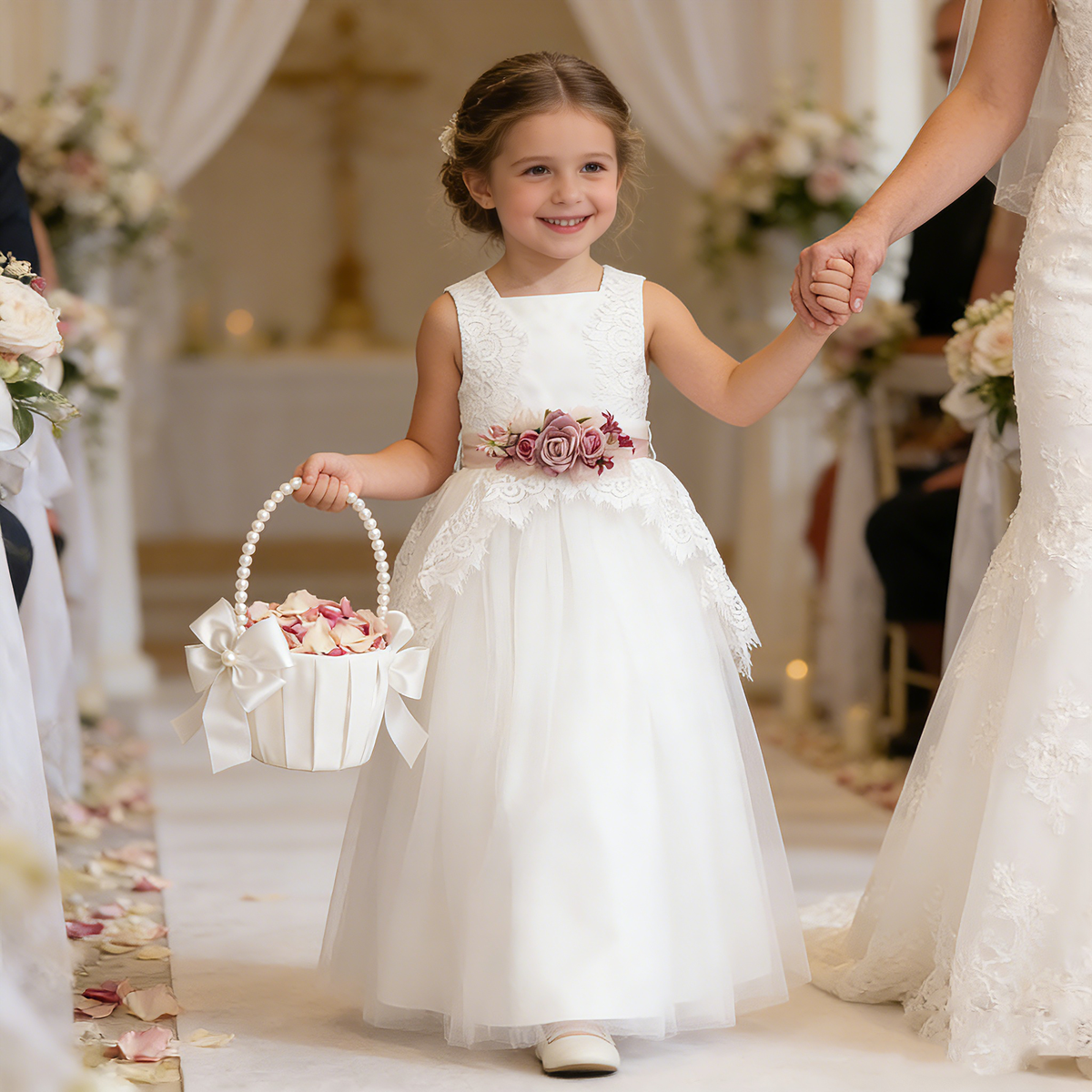 Custom Flower Girl Dresses| White Lace Tulle Flower Girl Dress| Wedding Girl Dress with Sash| 1st Communion Dresses| Birthday Party Dresses