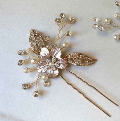 Flower Crystal Hairpin With Leave for Wedding Bride