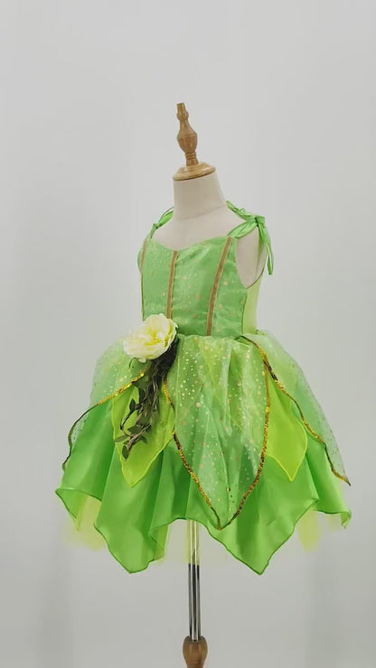 Girls Green Fairy Princess Dress,Girl Tinkerbell Dress,Kids Halloween Party Outfit, Flower Fairy Tutu Dress for Cosplay Birthday