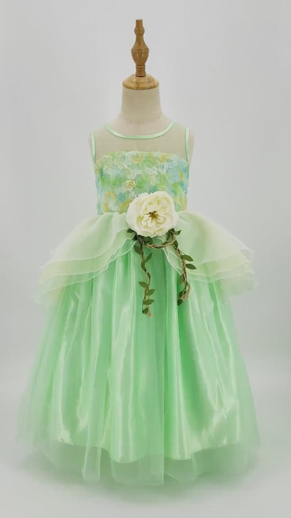 Green Floral Girls Tulle Dress, Tiana Fairy Princess Costume, Sleeveless Flower Girl Dress , Birthday Party Photoshoot Dress for Kids