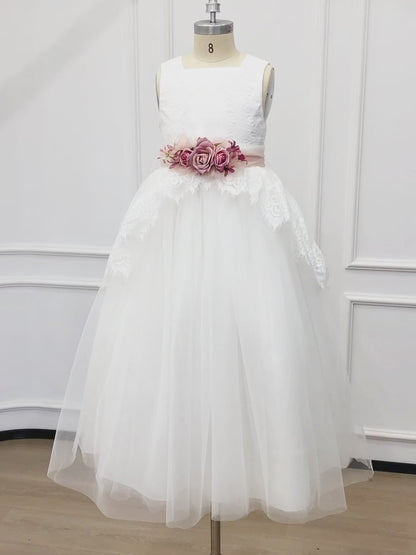 Custom Flower Girl Dresses| White Lace Tulle Flower Girl Dress| Wedding Girl Dress with Sash| 1st Communion Dresses| Birthday Party Dresses
