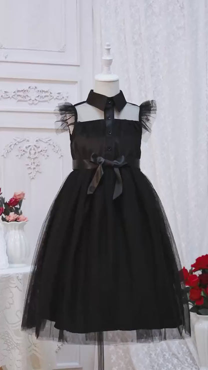 Girls Wednesday Inspired Costume, Kids Gothic Sleeveless Lapel Tutu Dress, Halloween Cosplay Party Outfit for Little Girls