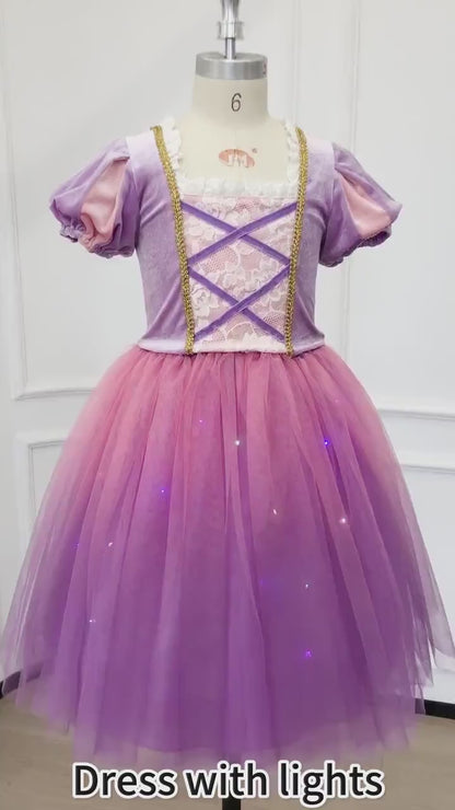 Light up Princess Rapunzel Inspired Tulle Dress,Rapunzel Costume,Kids Velvet Tulle Gown, Birthday Party Halloween Fairy Tale Costume for Girls